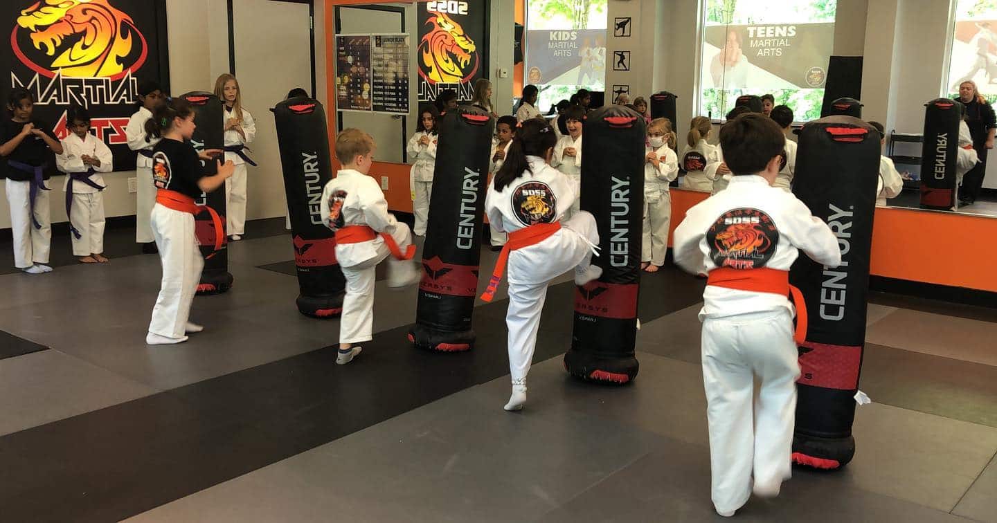 young karate students wearing orange belts kicking bags