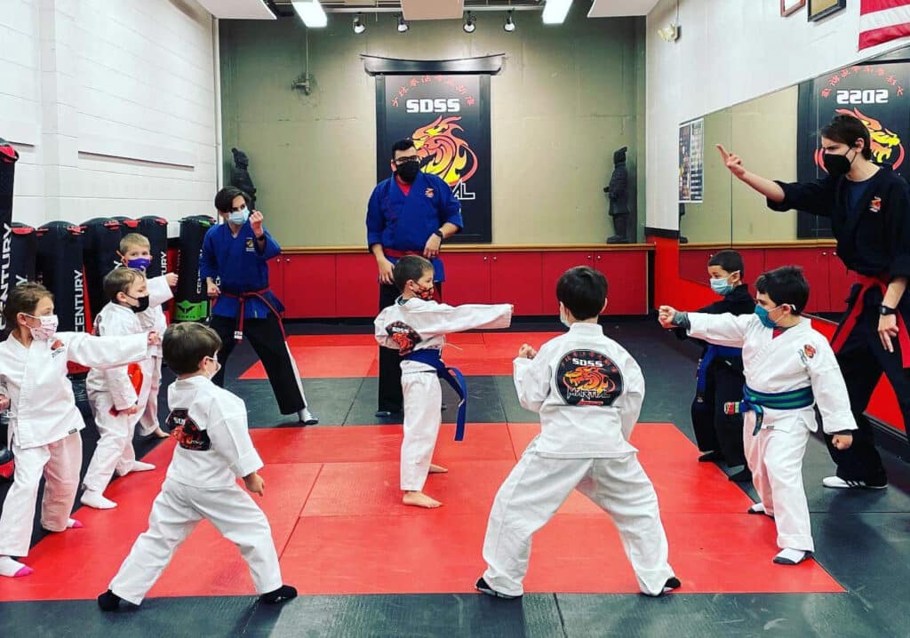 karate class with elementary age children